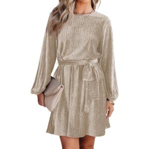 imageHappy Sailed Womens Velvet Dress Fall Fashion Lantern Sleeve High Waist ALine Skater Cocktail Party Dresses with BeltIvory Color