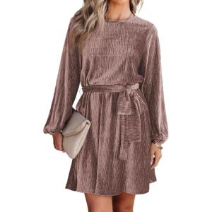 imageHappy Sailed Womens Velvet Dress Fall Fashion Lantern Sleeve High Waist ALine Skater Cocktail Party Dresses with BeltPink