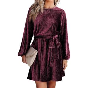 imageHappy Sailed Womens Velvet Dress Fall Fashion Lantern Sleeve High Waist ALine Skater Cocktail Party Dresses with BeltRed