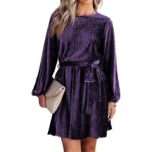 imageHappy Sailed Womens Velvet Dress Fall Fashion Lantern Sleeve High Waist ALine Skater Cocktail Party Dresses with BeltS Purple