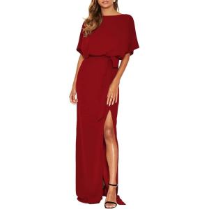 imageHappy Sailed Womens Formal Dress Batwing Sleeve Waist Belted High Slit Long Maxi Party Dresses Evening GownRed 1