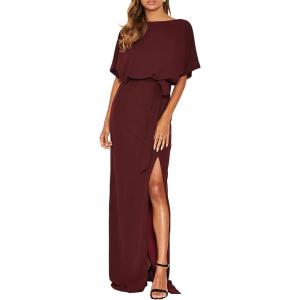 imageHappy Sailed Womens Formal Dress Batwing Sleeve Waist Belted High Slit Long Maxi Party Dresses Evening GownRed