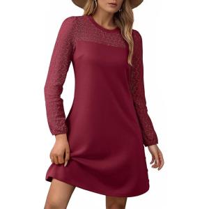 imageHappy Sailed Womens Cocktail Dresses Lace Crochet Long Sleeve Side Button A Line Shift Dress with Pockets Trendy Fall 2025Burgundy