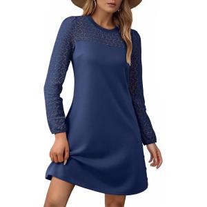 imageHappy Sailed Womens Cocktail Dresses Lace Crochet Long Sleeve Side Button A Line Shift Dress with Pockets Trendy Fall 2025Navy Blue