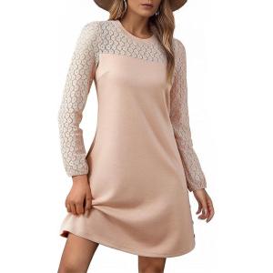 imageHappy Sailed Womens Cocktail Dresses Lace Crochet Long Sleeve Side Button A Line Shift Dress with Pockets Trendy Fall 2025Oatmeal