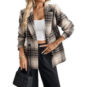 imageHappy Sailed Womens Plaid Blazer Classic Lapel Collar Double Breasted Open Front Blazers Jackets Work Suit with PocketsBeige