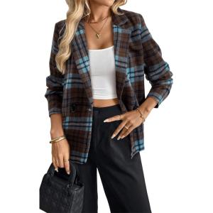 imageHappy Sailed Womens Plaid Blazer Classic Lapel Collar Double Breasted Open Front Blazers Jackets Work Suit with PocketsBlue