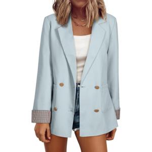 imageHappy Sailed Womens Plaid Cuff Blazers Double Breasted Open Front Business Casual Office Blazer Jackets Work OutfitsLight Blue