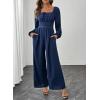 imageHappy Sailed Fall Jumpsuits for Women Dressy Long Sleeve Lace Insert High Waisted Wide Leg Pants Rompers One Piece OutfitsDark Blue