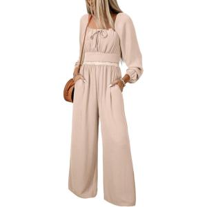 imageHappy Sailed Fall Jumpsuits for Women Dressy Long Sleeve Lace Insert High Waisted Wide Leg Pants Rompers One Piece OutfitsApricot