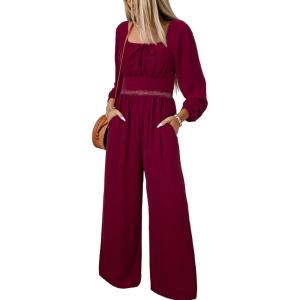 imageHappy Sailed Fall Jumpsuits for Women Dressy Long Sleeve Lace Insert High Waisted Wide Leg Pants Rompers One Piece OutfitsFiery Red