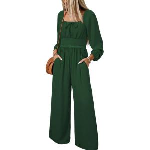 imageHappy Sailed Fall Jumpsuits for Women Dressy Long Sleeve Lace Insert High Waisted Wide Leg Pants Rompers One Piece OutfitsGreen
