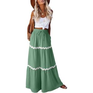 imageHappy Sailed Womens Boho Maxi Skirts Colorblock Wave Striped Elastic High Waist A Line Flowy Long Skirts with Pockets