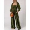 imageHappy Sailed Womens Square Neck Jumpsuits  High Waisted Wide Leg Pants Rompers with PocketsLong Sleeve One Piece OutfitArmy Green