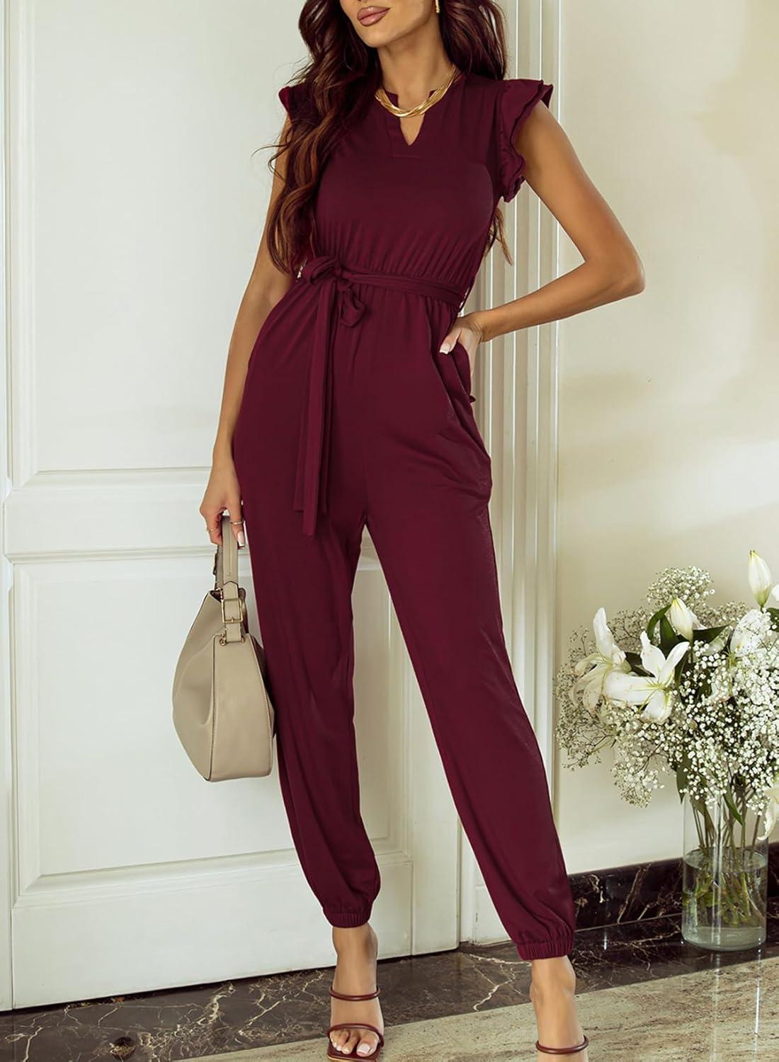 imageHappy Sailed Jumpsuit for Women Dressy Casual Sleeveless V Neck High Waist Belt Pockets Long Pants Rompers Stretchy Knit Jumpers Comfy Lounge Outfits Burgundy Small