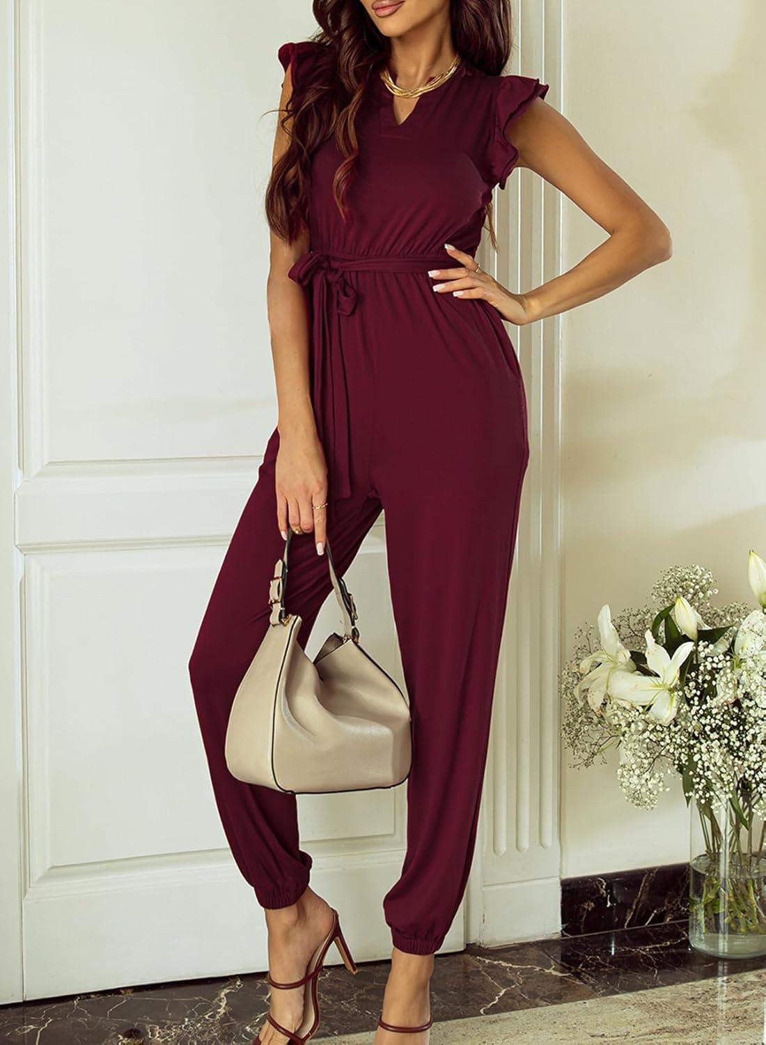imageHappy Sailed Jumpsuit for Women Dressy Casual Sleeveless V Neck High Waist Belt Pockets Long Pants Rompers Stretchy Knit Jumpers Comfy Lounge Outfits Burgundy Small