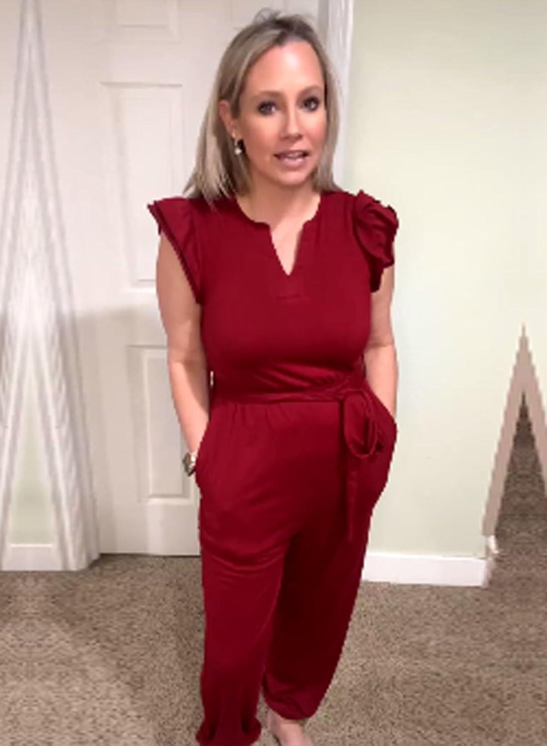 imageHappy Sailed Jumpsuit for Women Dressy Casual Sleeveless V Neck High Waist Belt Pockets Long Pants Rompers Stretchy Knit Jumpers Comfy Lounge Outfits Burgundy Small