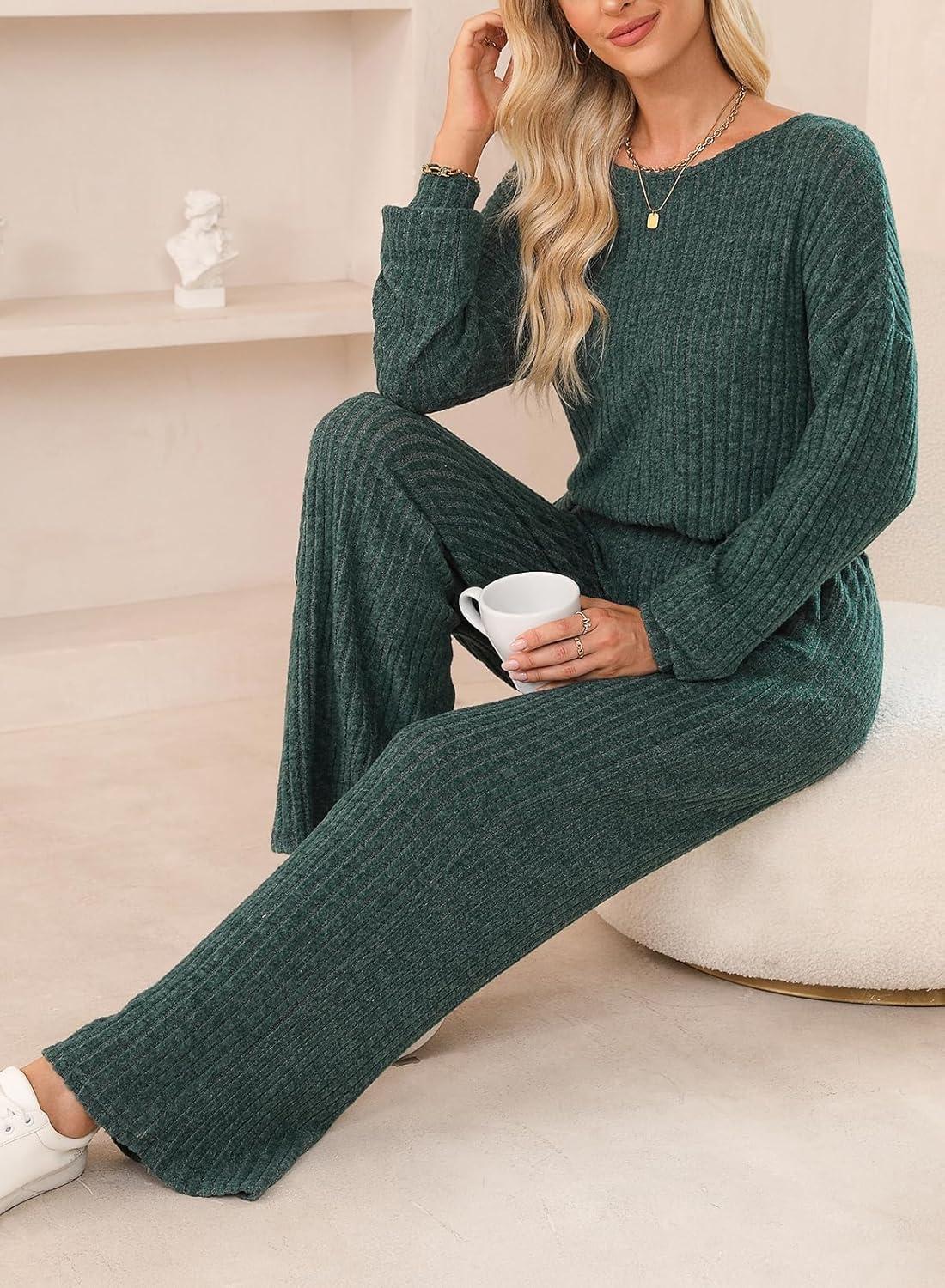 imageHappy Sailed Jumpsuits for Women Casual Loose Solid Ribbed Crewneck Long Sleeve Long Romper with PocketsDark Green