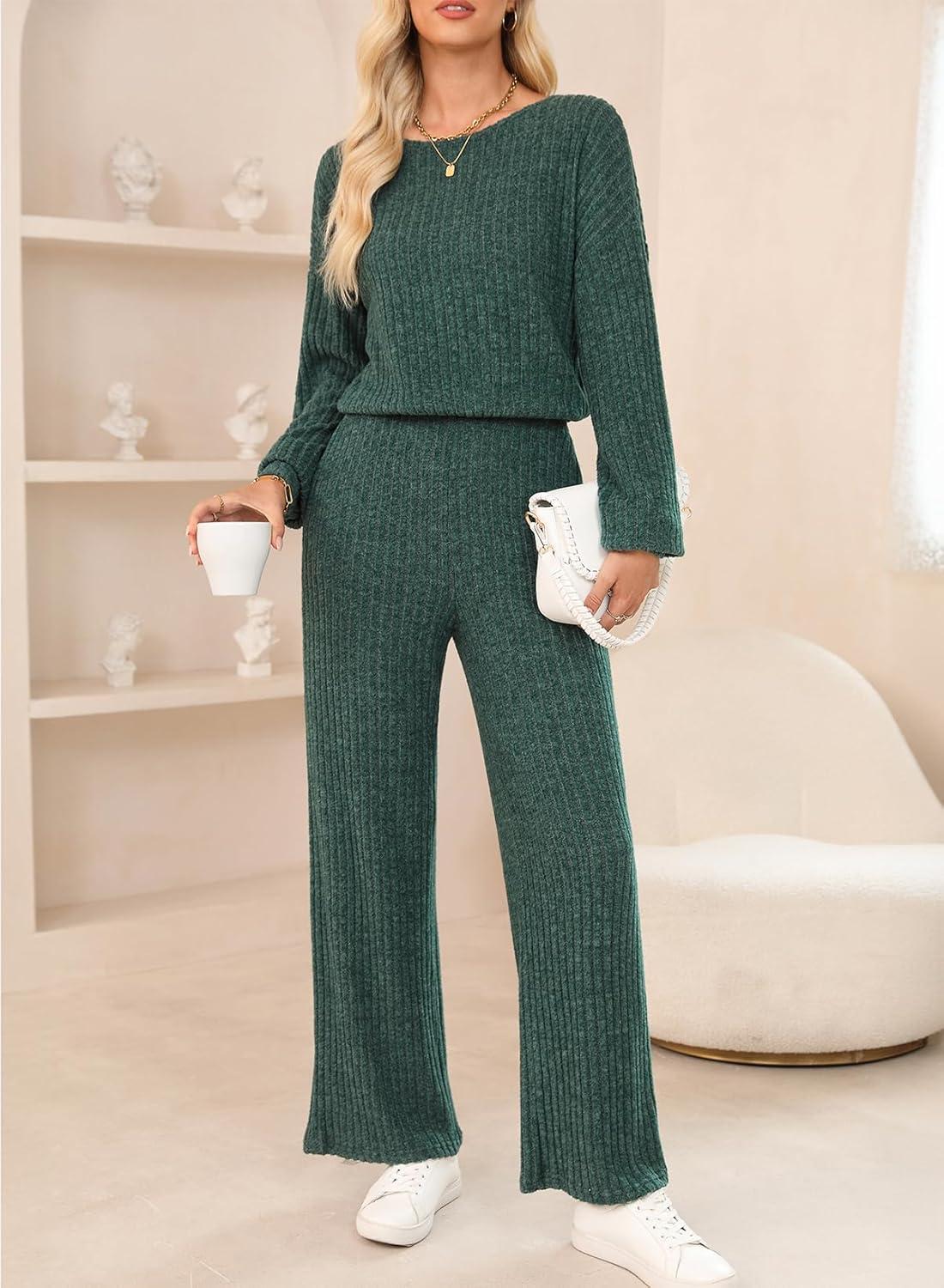 imageHappy Sailed Jumpsuits for Women Casual Loose Solid Ribbed Crewneck Long Sleeve Long Romper with PocketsDark Green