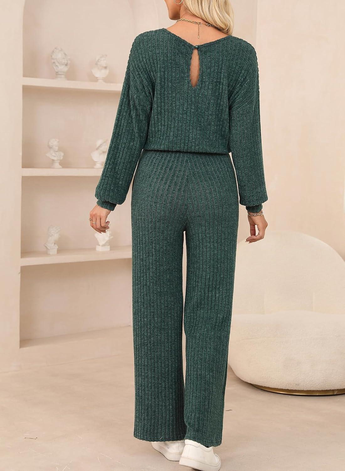 imageHappy Sailed Jumpsuits for Women Casual Loose Solid Ribbed Crewneck Long Sleeve Long Romper with PocketsDark Green