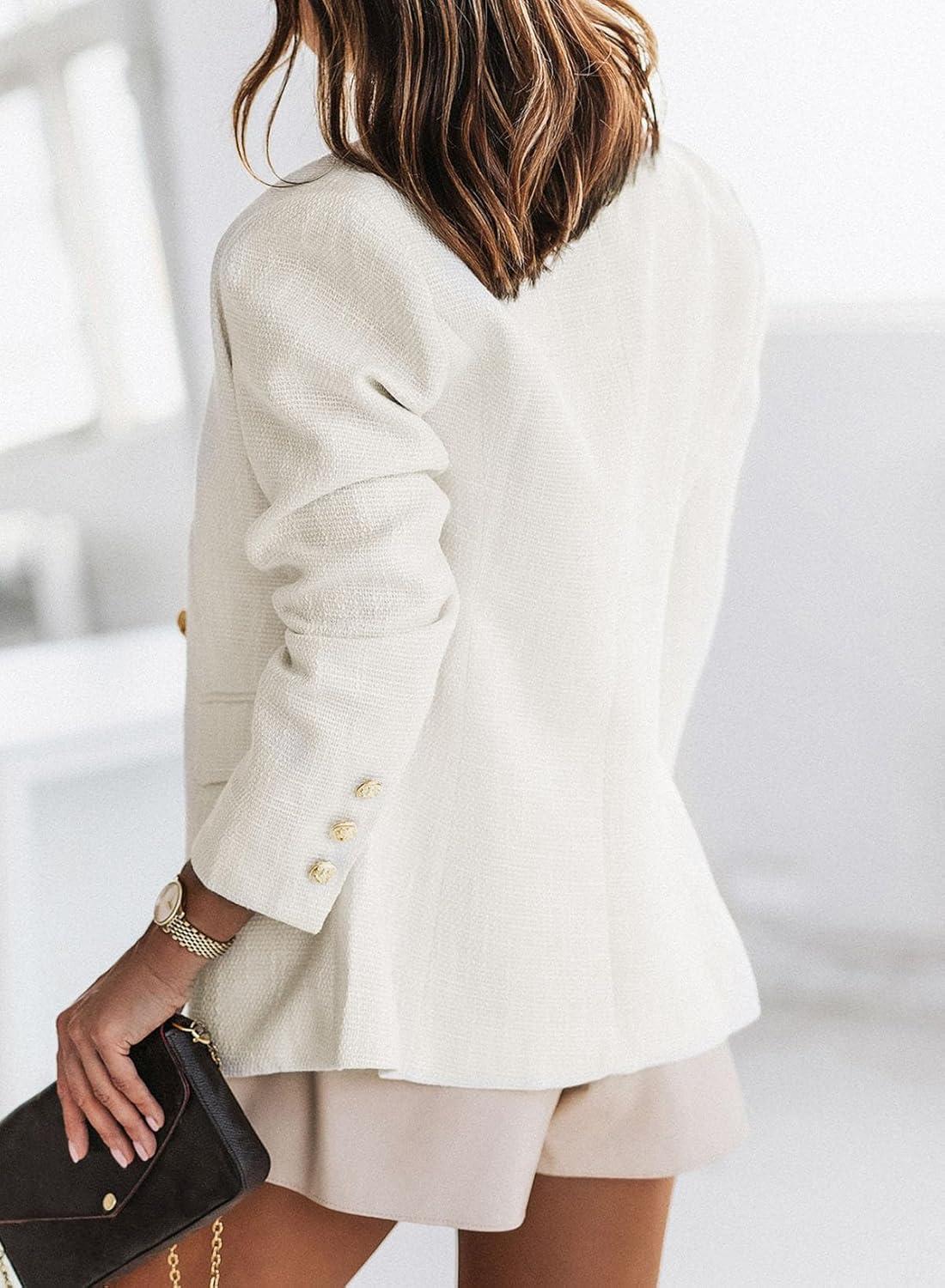 imageHappy Sailed Womens Tweed Blazers Casual Long Sleeve Double Breasted Open Front Blazer Jackets Work SuitsA White