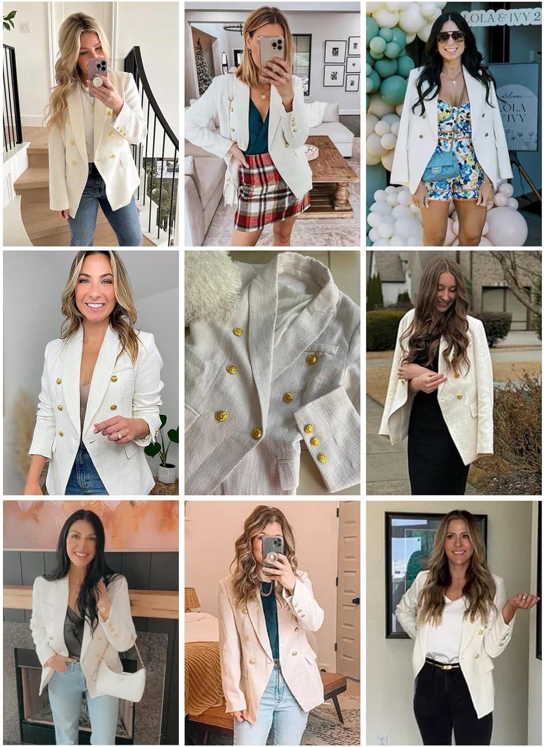 imageHappy Sailed Womens Tweed Blazers Casual Long Sleeve Double Breasted Open Front Blazer Jackets Work SuitsA White