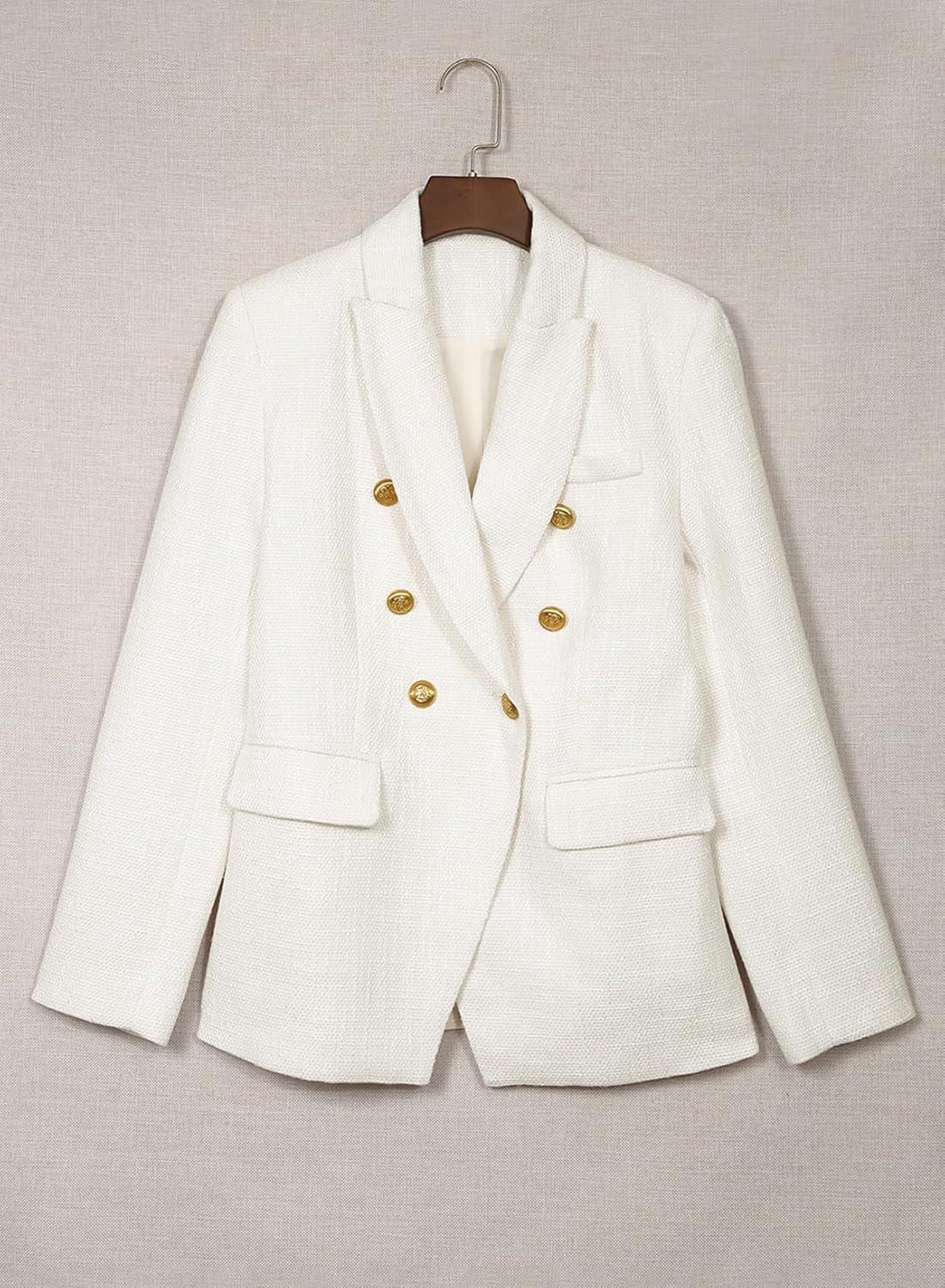 imageHappy Sailed Womens Tweed Blazers Casual Long Sleeve Double Breasted Open Front Blazer Jackets Work SuitsA White