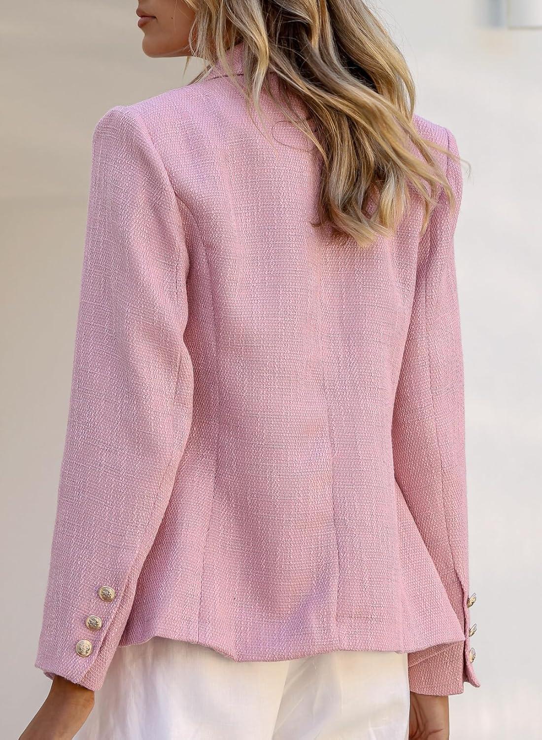 imageHappy Sailed Womens Tweed Blazers Casual Long Sleeve Double Breasted Open Front Blazer Jackets Work SuitsB Pink