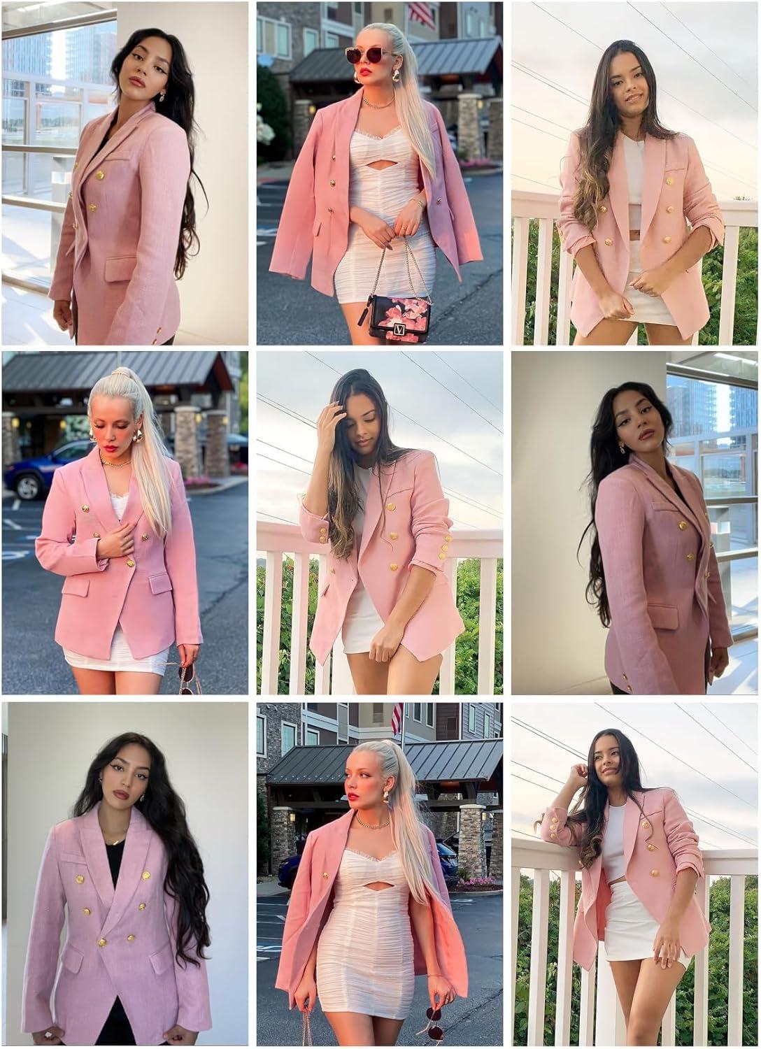 imageHappy Sailed Womens Tweed Blazers Casual Long Sleeve Double Breasted Open Front Blazer Jackets Work SuitsB Pink