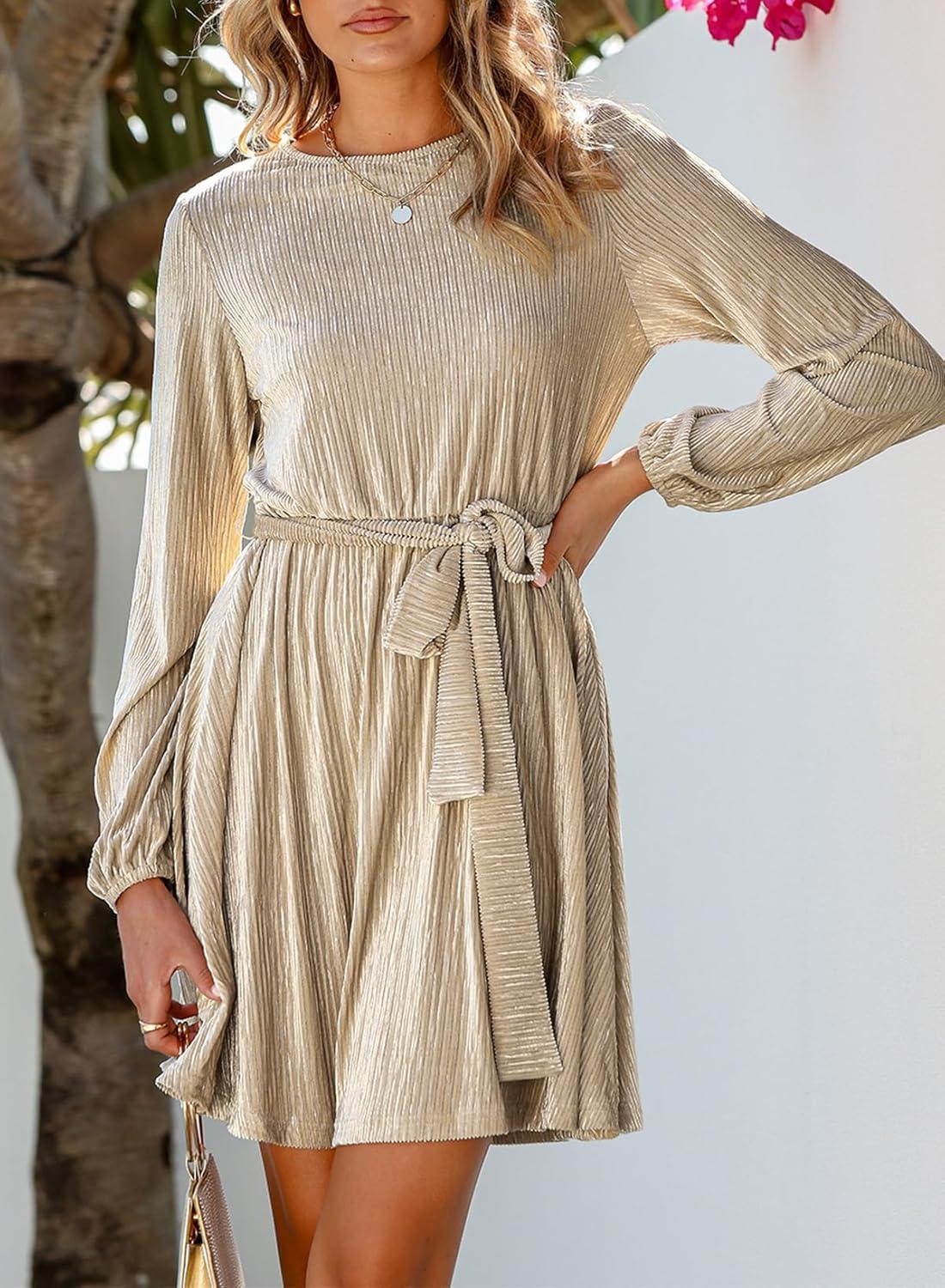 imageHappy Sailed Womens Velvet Dress Fall Fashion Lantern Sleeve High Waist ALine Skater Cocktail Party Dresses with BeltKhaki Ivory Color