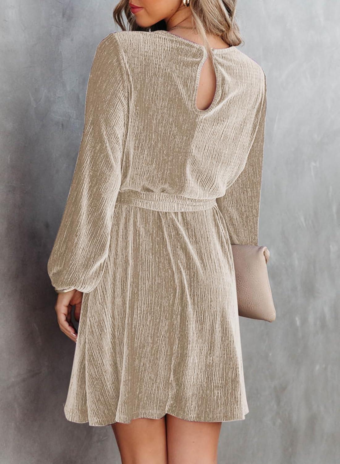 imageHappy Sailed Womens Velvet Dress Fall Fashion Lantern Sleeve High Waist ALine Skater Cocktail Party Dresses with BeltKhaki Ivory Color