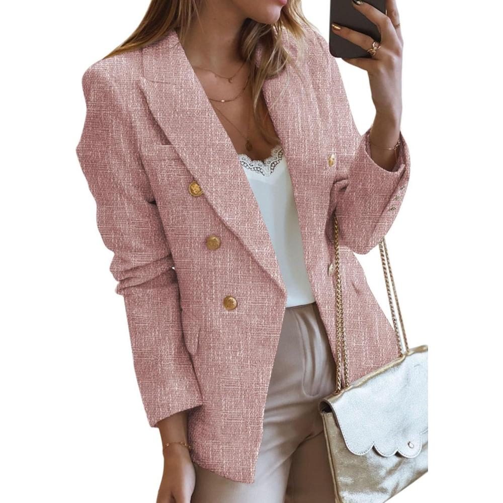 imageHappy Sailed Womens Tweed Blazers Casual Long Sleeve Double Breasted Open Front Blazer Jackets Work SuitsB Pink