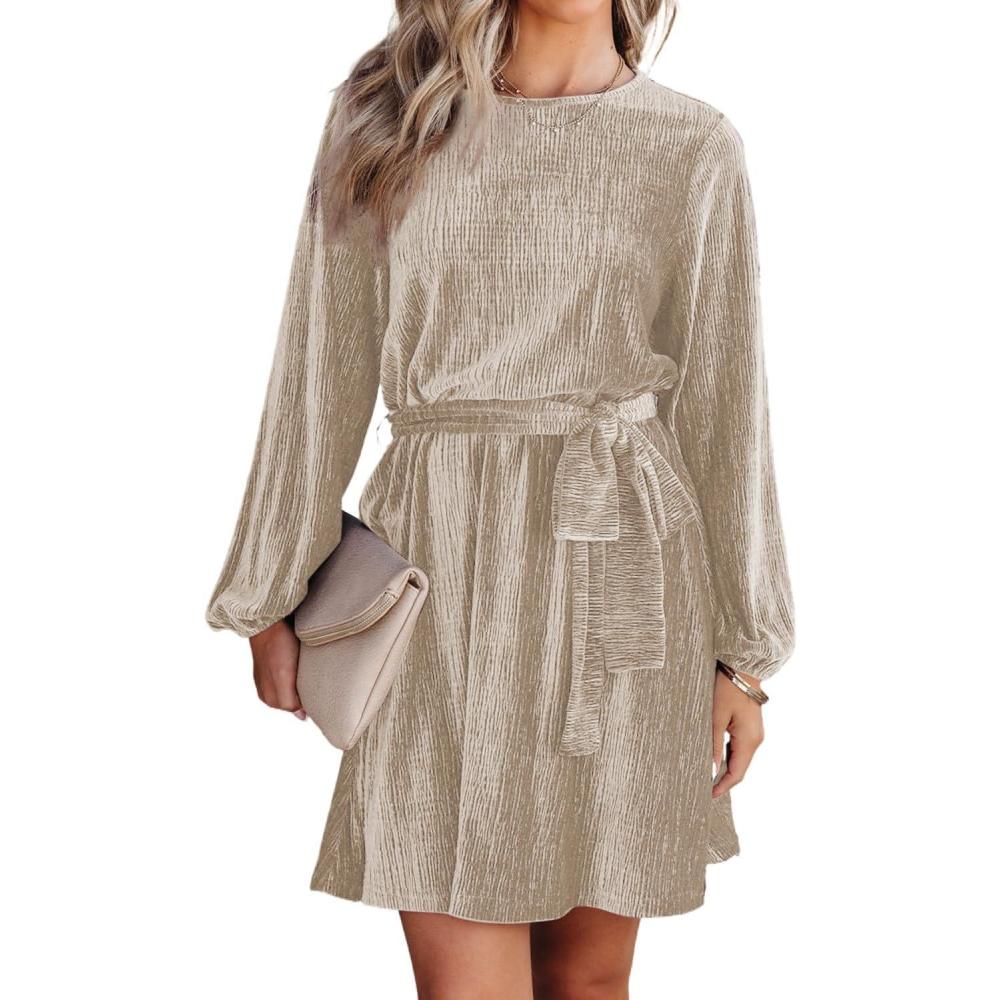 imageHappy Sailed Womens Velvet Dress Fall Fashion Lantern Sleeve High Waist ALine Skater Cocktail Party Dresses with BeltKhaki Ivory Color