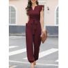 imageHappy Sailed Jumpsuit for Women Dressy Casual Sleeveless V Neck High Waist Belt Pockets Long Pants Rompers Stretchy Knit Jumpers Comfy Lounge Outfits Burgundy Small