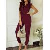 imageHappy Sailed Jumpsuit for Women Dressy Casual Sleeveless V Neck High Waist Belt Pockets Long Pants Rompers Stretchy Knit Jumpers Comfy Lounge Outfits Burgundy Small