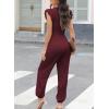 imageHappy Sailed Jumpsuit for Women Dressy Casual Sleeveless V Neck High Waist Belt Pockets Long Pants Rompers Stretchy Knit Jumpers Comfy Lounge Outfits Burgundy Small