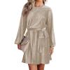 imageHappy Sailed Womens Velvet Dress Fall Fashion Lantern Sleeve High Waist ALine Skater Cocktail Party Dresses with BeltKhaki Ivory Color