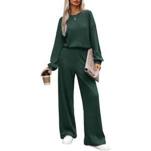 imageHappy Sailed Jumpsuits for Women Casual Loose Solid Ribbed Crewneck Long Sleeve Long Romper with PocketsDark Green