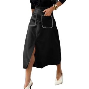 imageHappy Sailed Womens Faux Suede Skirt Elastic Waist Front Pockets A Line Midi Skirts Fall Winter ClothingBlack