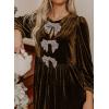 imageHappy Sailed Womens Velvet Dress Fall Fashion Lantern Long Sleeve Front Bowknot High Waist A Line Cocktail Party DressCoffee
