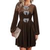 imageHappy Sailed Womens Velvet Dress Fall Fashion Lantern Long Sleeve Front Bowknot High Waist A Line Cocktail Party DressCoffee
