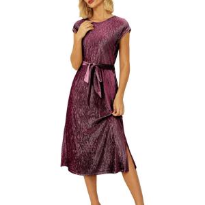 imageHappy Sailed Winter Fall Sleeveless Crewneck Velvet Casual Dress Party Midi Dresses with PocketsBurgundy