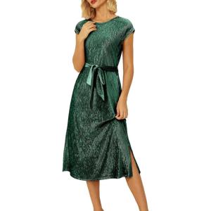 imageHappy Sailed Winter Fall Sleeveless Crewneck Velvet Casual Dress Party Midi Dresses with PocketsDark Green