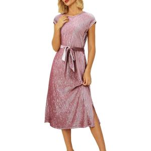 imageHappy Sailed Winter Fall Sleeveless Crewneck Velvet Casual Dress Party Midi Dresses with PocketsPink Purple