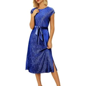 imageHappy Sailed Winter Fall Sleeveless Crewneck Velvet Casual Dress Party Midi Dresses with PocketsRoyal Blue
