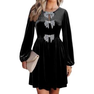 imageHappy Sailed Womens Velvet Dress Fall Fashion Lantern Long Sleeve Front Bowknot High Waist A Line Cocktail Party DressBlack
