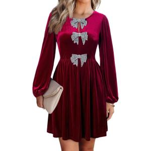 imageHappy Sailed Womens Velvet Dress Fall Fashion Lantern Long Sleeve Front Bowknot High Waist A Line Cocktail Party DressBurgundy