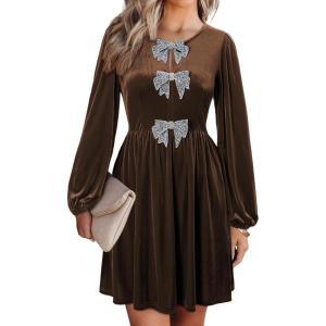 imageHappy Sailed Womens Velvet Dress Fall Fashion Lantern Long Sleeve Front Bowknot High Waist A Line Cocktail Party DressCoffee