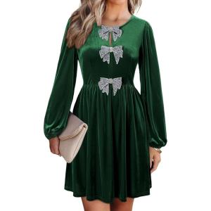 imageHappy Sailed Womens Velvet Dress Fall Fashion Lantern Long Sleeve Front Bowknot High Waist A Line Cocktail Party DressDark Green