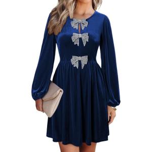 imageHappy Sailed Womens Velvet Dress Fall Fashion Lantern Long Sleeve Front Bowknot High Waist A Line Cocktail Party DressNavy Blue